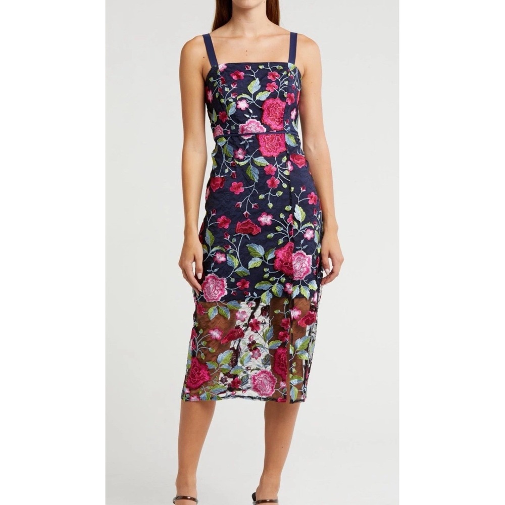 Sam Edelman Peony Embroidery Midi Dress Navy Floral Lace Slit Women 10 Whimsical